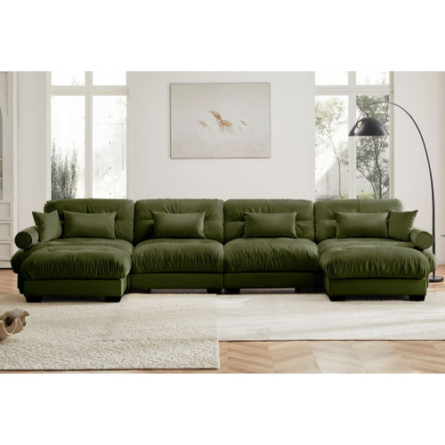 Modern Sectional Sofa With Ottoman, Round Bolster Armrests, Waist And Throw Pillows