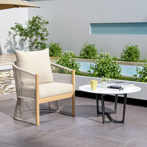 Modern Curved Aluminum Lounge Chair With Stylish Rope Weave Design And Cushioned Comfort For Outdoor