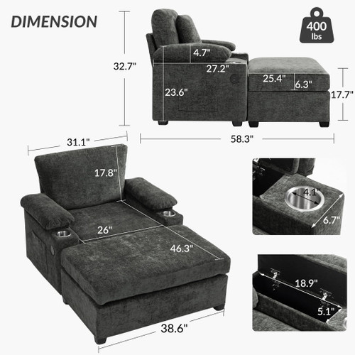 Modern Oversized Chair With Ottoman, Cupholders And USB Charging Ports