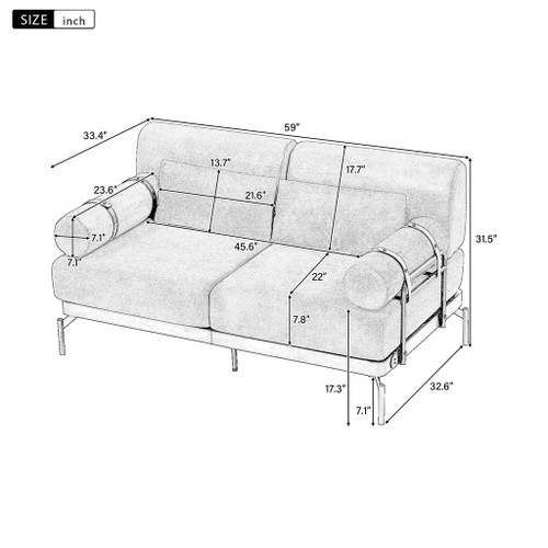 Modern Loveseat Sofa 2 Seater With USB Ports, Cylindrical Armrests