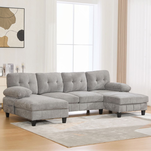 U-Shaped Sectional Sofa 103.5" Chenille Fabric Couch With Dual Chaise Lounges, Storage Pockets And Armrest Pillows, Gray