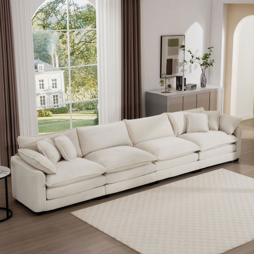 Modern Upholstered 4 Seater Corduroy Fabric Sofa With Arm And Throw Pillows