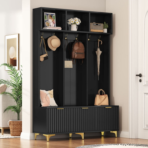 Modern Large Storage Hall Tree With Bench, 6 Hooks