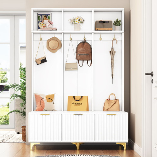 Modern Large Storage Hall Tree With Bench, 6 Hooks