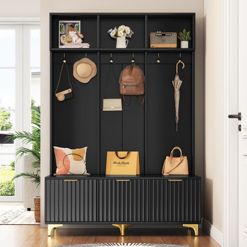 Modern Large Storage Hall Tree With Bench, 6 Hooks