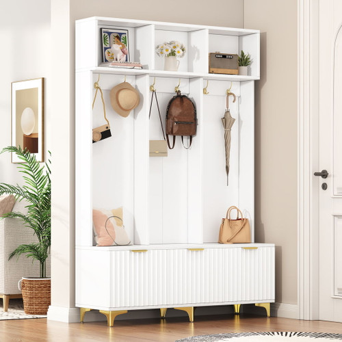 Modern Large Storage Hall Tree With Bench, 6 Hooks