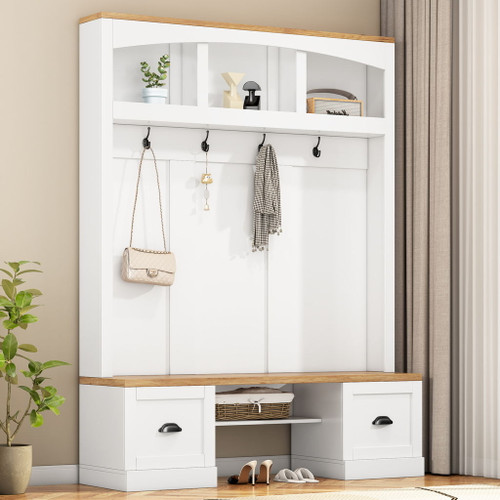 Farmhouse 4 In 1 Hall Tree With Wood Grain Bench And Top