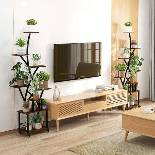 Plant Stand Indoor With Grow Light, 8 Tiered Tall Indoor Plant Shelves For Multiple Plants - Walnut / Black