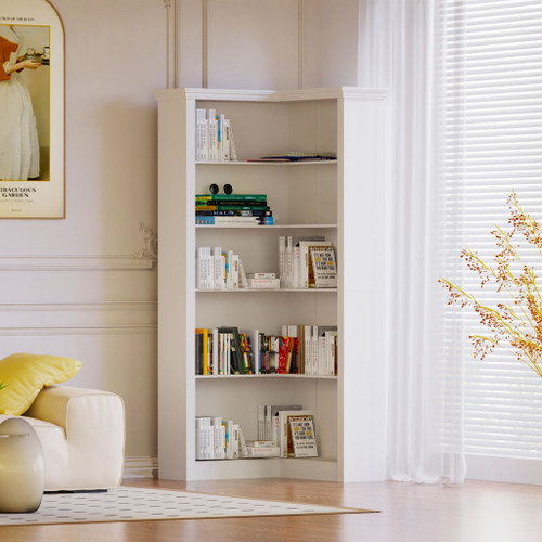 Modern 5 Tier Corner Bookshelf With Adjustable Storage For Bedroom And Living Room - White