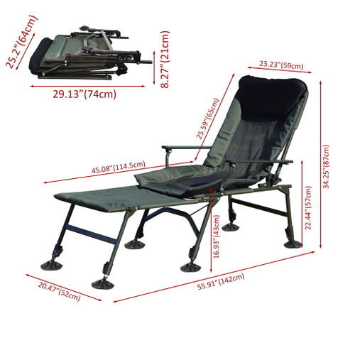 Camping Lounge Chair With Detachable Footrest, Portable Folding Reclining Camping Chair With Adjustable Backrest For Indoor And Outdoor Camping Beach Hiking Fishing - Green / Black