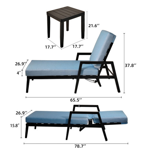 3 Piece Outdoor Patio Lounge Set, 2 Chaise & 1 End Table With Modern Tapered Feet, Pneumatic Adjustable Backrest, Wheels, Sunbrella Cushion - Ember Black / Blue