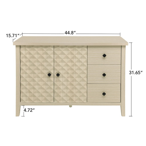 Modern 2 Door 3 Drawer Storage Cabinet, Buffet Cabinet With 2 Embossed Door For Living Room, Kitchen, Entryway - Natural