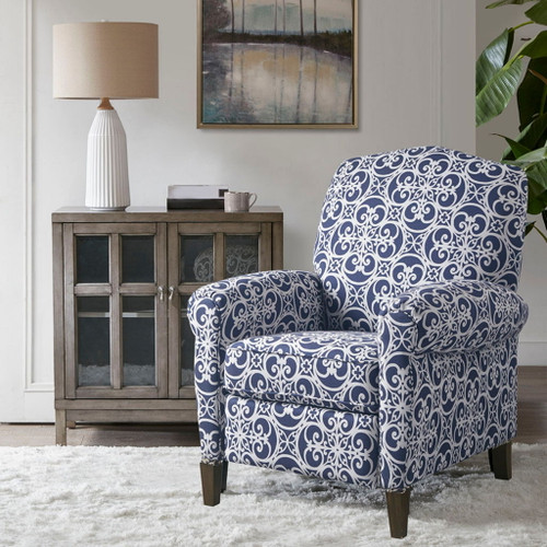 Push Back Recliner Chair With Fretwork Pattern And Solid Wood Legs - Multicolor