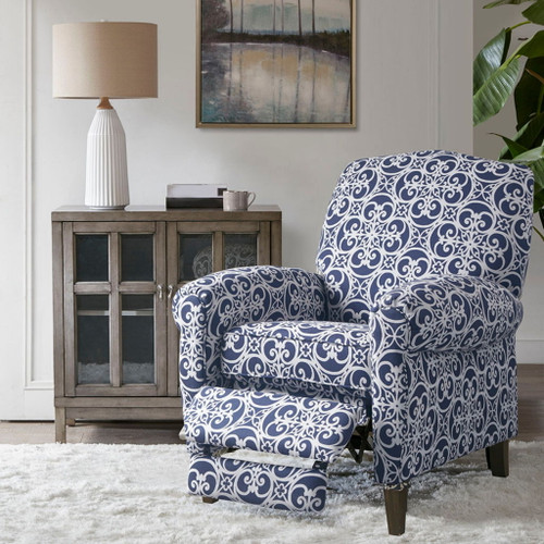 Push Back Recliner Chair With Fretwork Pattern And Solid Wood Legs - Multicolor
