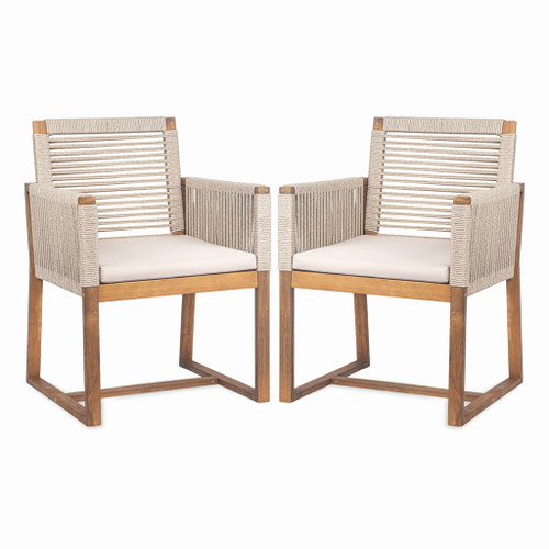 Acacia Wood Outdoor Dining Chairs (Set of 2) With Rope Design Back And Arms, Washable Cushion - Light Brown
