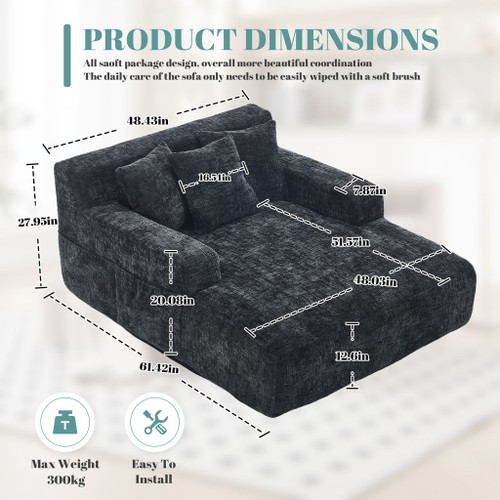 Chenille Interior Lazy Sofa Chaise Longue Armchair With 3 Pillows And Armrests