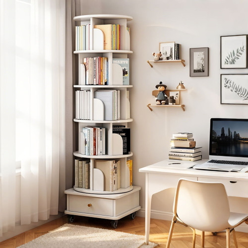 Rotating Bookshelf With Wheels And Drawer, 360° Spinning Design, Space Saving Storage