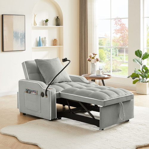 Convertible Velvet 3 In 1 Sofa Bed With Adjustable Sleeper Chair And Multi Pockets