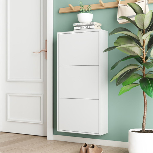 Modern Metal Shoe Storage Cabinet With 3 Flip Drawers, Wall Mount Option - Gunmetal Black