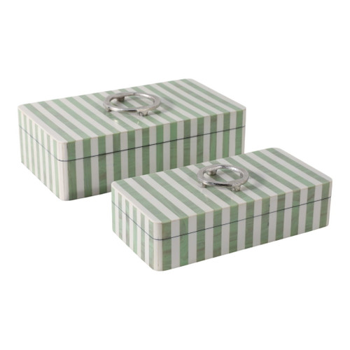 12" / 14" Strpd Resin Boxes W/ Hardware (Set of 2) - Green / Ivory