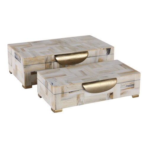 12" / 14" Marbled Resin Footed Boxes (Set of 2) - Tan Multi