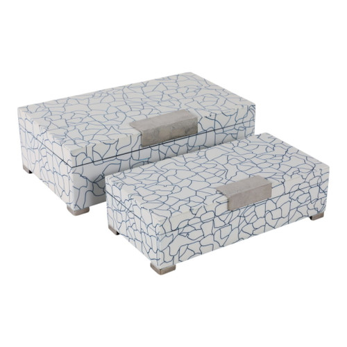 12" / 14" Squiggle Lines Footed Boxes (Set of 2) - Navy / White