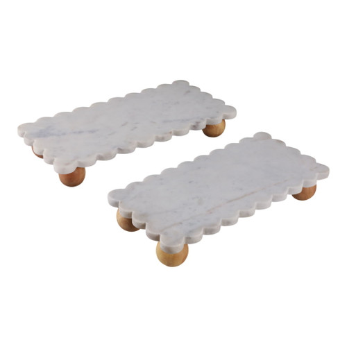 14" / 16" Marble Scallop Trays Wood Ball Feet (Set of 2) - Gray