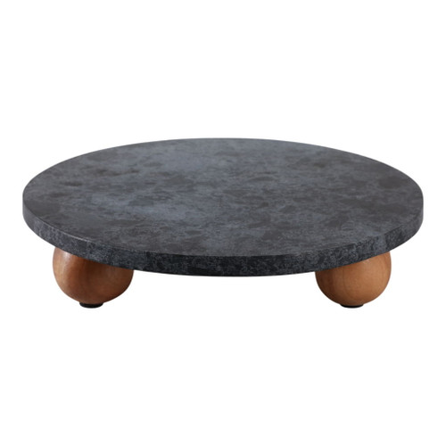 10" Marble Round Tray On Wood Ball Feet - Black