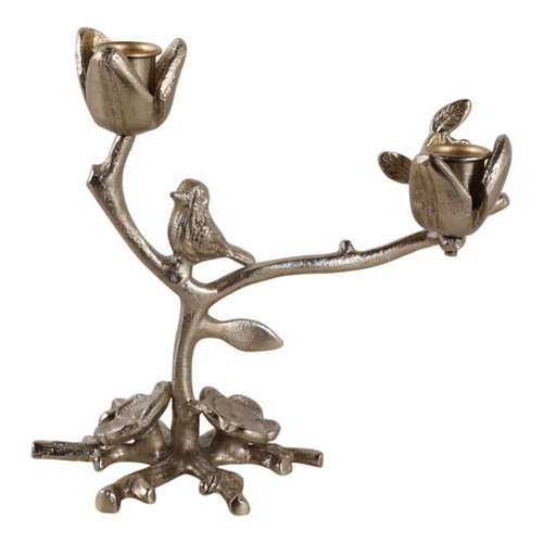 8" x 8" Bird On Twig 2-Taper Holder - Champagne