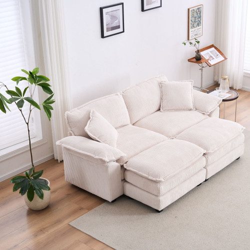 Corduroy 2 Seats Sofa With 2 Back Pillows, 2 Toss Pillows And 2 Ottoman