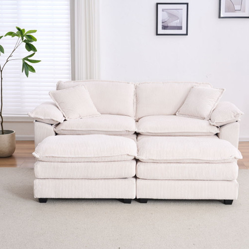 Corduroy 2 Seats Sofa With 2 Back Pillows, 2 Toss Pillows And 2 Ottoman