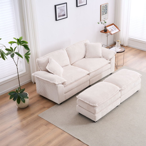 Corduroy 2 Seats Sofa With 2 Back Pillows, 2 Toss Pillows And 2 Ottoman