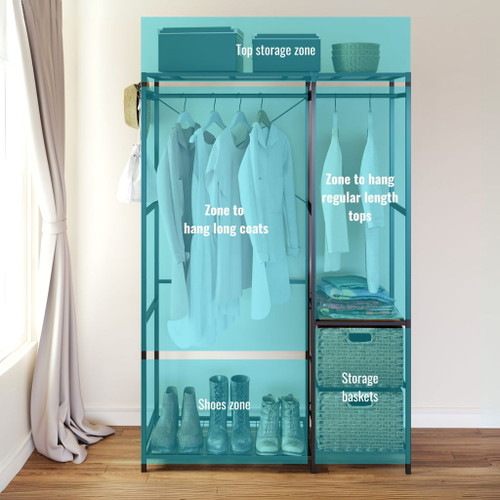 Garment Rack With Shelves, 2 Wicker Drawers, 4 Hooks, Organizer