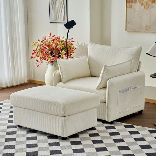 Comfy Corduroy Oversized Chaise Lounge Chair With Ottoman And Storage