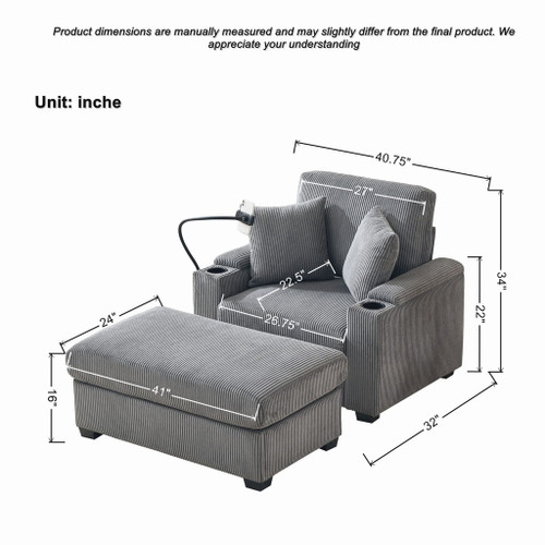 Comfy Corduroy Oversized Chaise Lounge Chair With Ottoman And Storage