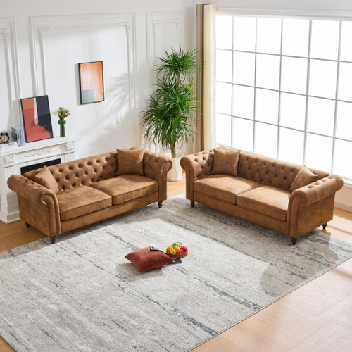 Chesterfield 3 And 3 Seater Sofa Set High Tech Fabric Roll Armrest Upholstered Couch