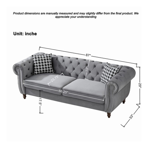 Chesterfield Velvet Upholstery Fabric Sofa With Roll Armrest & Nailhead
