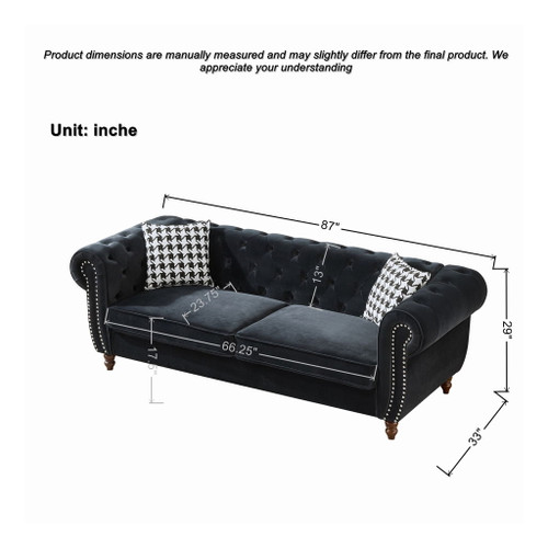 Chesterfield Velvet Upholstery Fabric Sofa With Roll Armrest & Nailhead