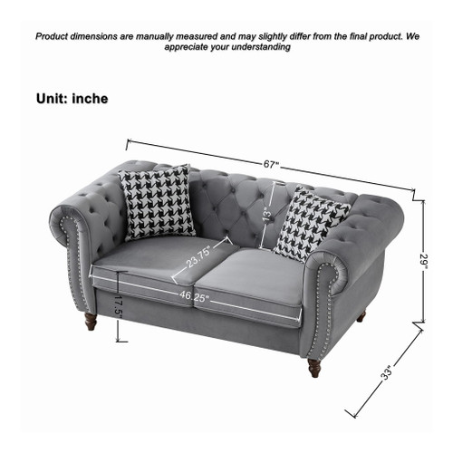 Chesterfield Velvet Upholstery Fabric Loveseat With Roll Armrest And Nailhead