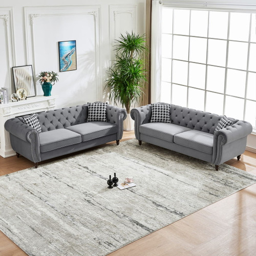Chesterfield Velvet Upholstery Fabric Sofa With Roll Armrest & Nailhead, Mid Century Modern 3 And 3 Seater Couch
