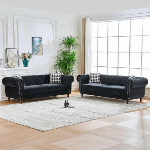 Chesterfield Velvet Upholstery Fabric Sofa With Roll Armrest & Nailhead, Mid Century Modern 3 And 3 Seater Couch