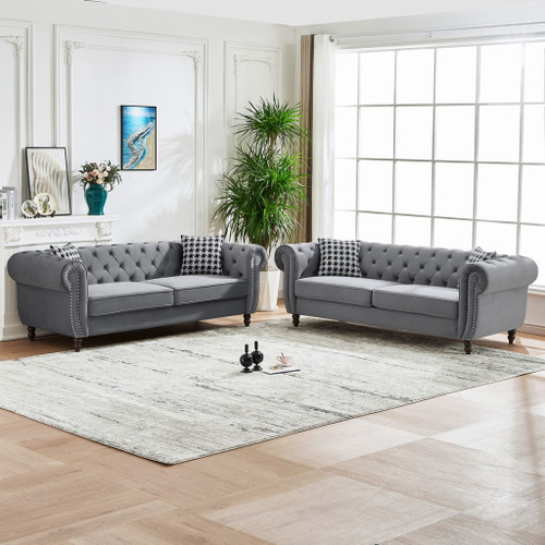 Chesterfield Velvet Upholstery Fabric Sofa With Roll Armrest & Nailhead, Mid Century Modern 3 And 3 Seater Couch