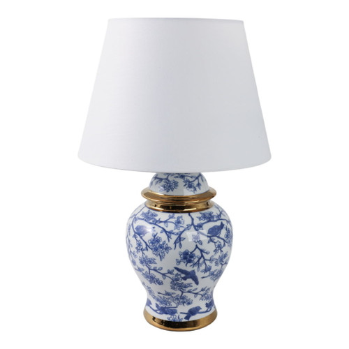 19" Chinoiserie Birds Table Lamp Gold Trim (Set of 3) - White / Blue