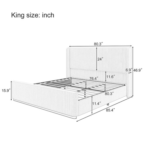 King Size Luxurious Corduroy Upholstered Bed Frame With Vertical Stripe Wingback Headboard And High Footboard - Light Gray