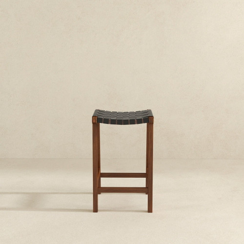 James - Mid-Century Modern Genuine Leather Counter Stool - Black / Brown