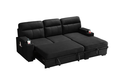 Kaden - Sleeper Sectional Sofa Chaise With Storage Arms And Cupholder - Black