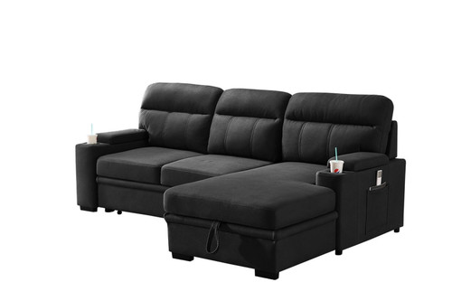 Kaden - Sleeper Sectional Sofa Chaise With Storage Arms And Cupholder - Black