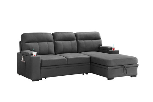 Kaden - Sleeper Sectional Sofa Chaise With Storage Arms And Cupholder - Gray