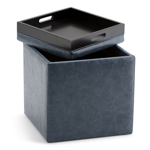 Rockwood - Cube Storage Ottoman With Tray - Denim Blue