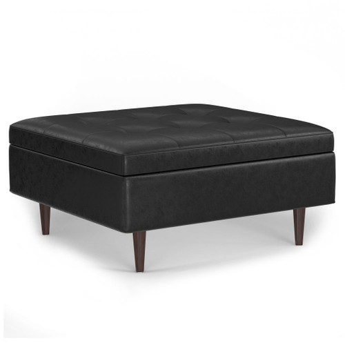 Shay - Mid Century Large Square Coffee Table Storage Ottoman - Distressed Black